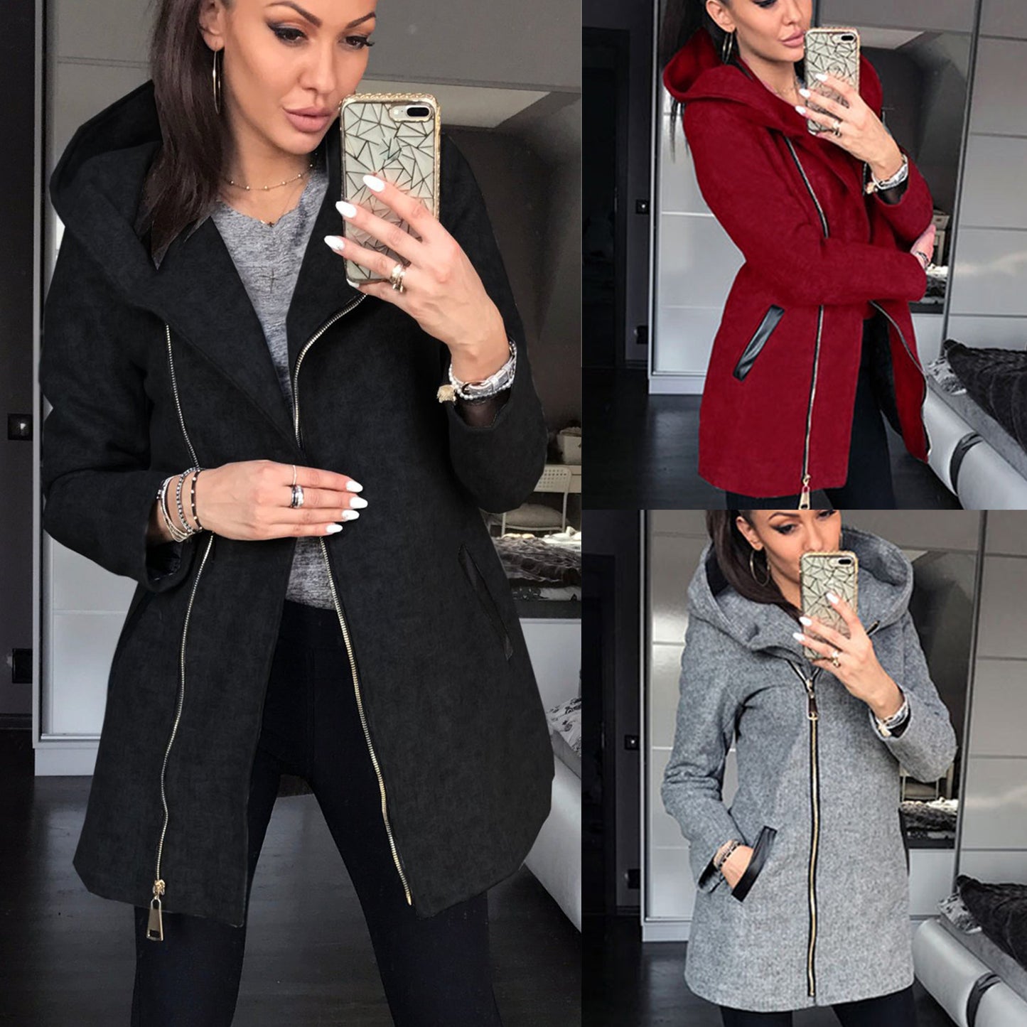 Side Zipper Coat Hooded Jacket