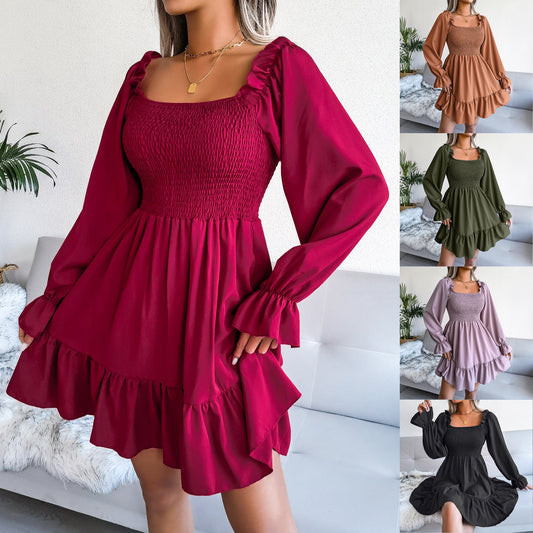 Square neckline ruffled swing Dress