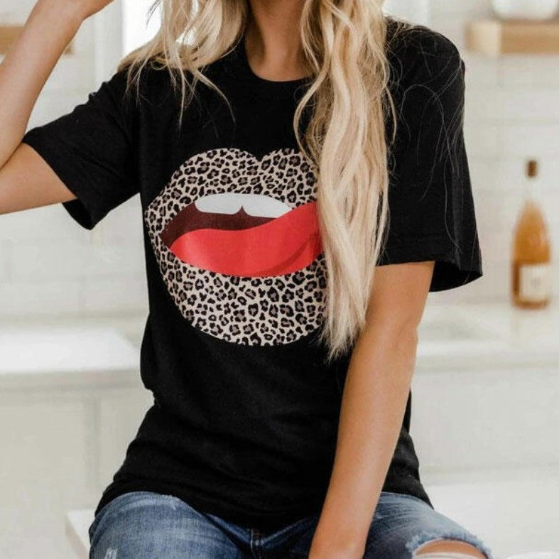 Lips Leopard print short sleeve shirt