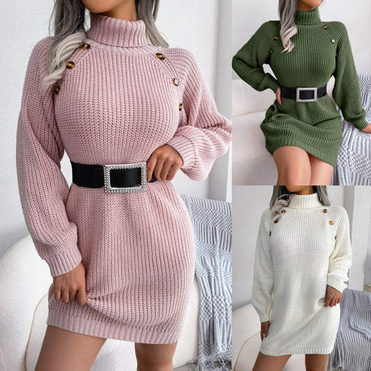 Turtleneck Sweater Dress With Button